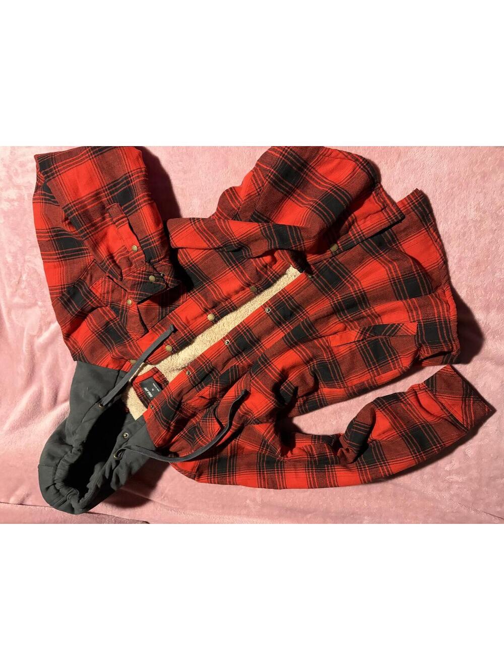 Euro Joy Red and Black Plaid Hooded Jacket Sherpa Lining